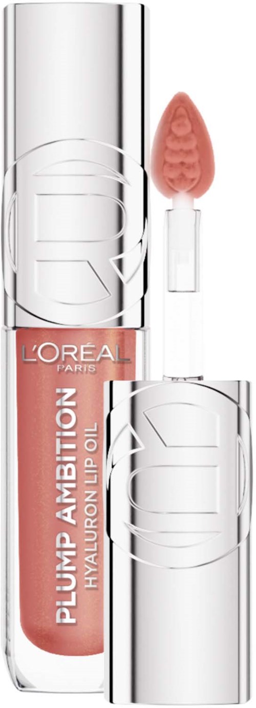 L'Oréal Ambition hyaluronsyralipglans med rosa applicator och glänsande silverhölje.
