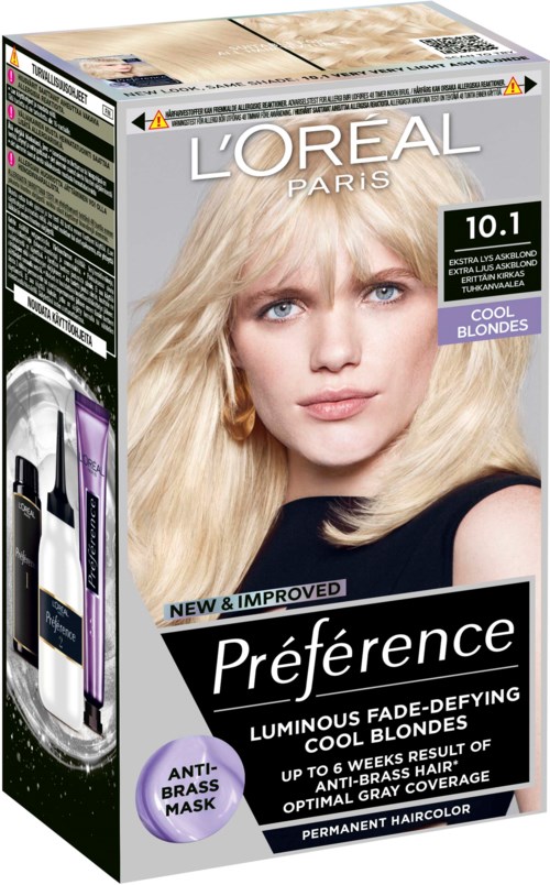 L'Oréal Paris-hårfärgningslåda för kalla blonda, med en blond kvinna och produktdetaljer.