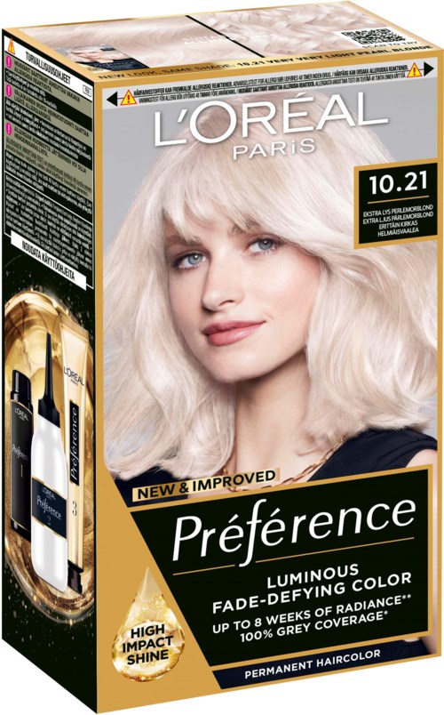 L'Oréal-eske for hårfarge med en kvinne med blondt hår og produktdetaljer.