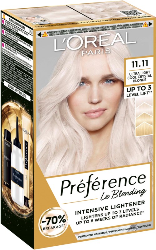 Förpackning av L'Oréal Préférence hårfärg för blont hår, visar en kvinna med långt, platina blond hår.