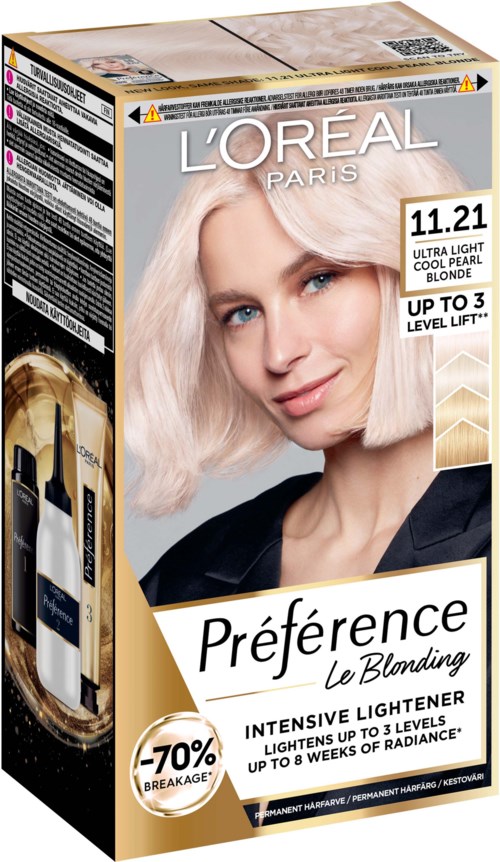 L'Oréal Paris hair dye box, blonde woman with light hair, shows lightening effect, 11.21 shade, and up to 3 level lift.