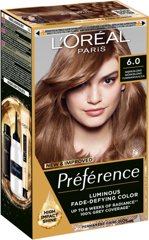 A hair dye box shows a woman with light brown hair, L'Oréal Paris logo, and description of coloring benefits.