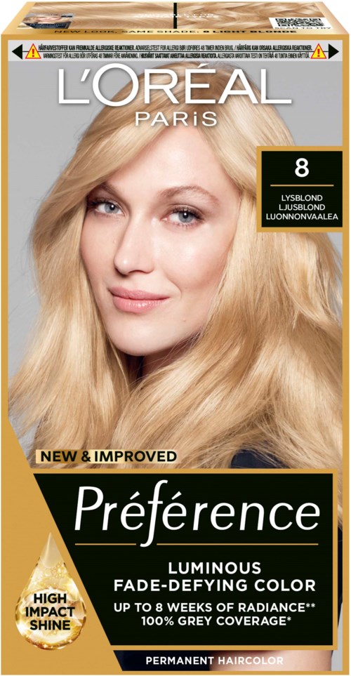 L'Oréal Préférence hårfärgningsbox med en leende kvinna och produktinformation. Guld, svart och vitt dominerar.