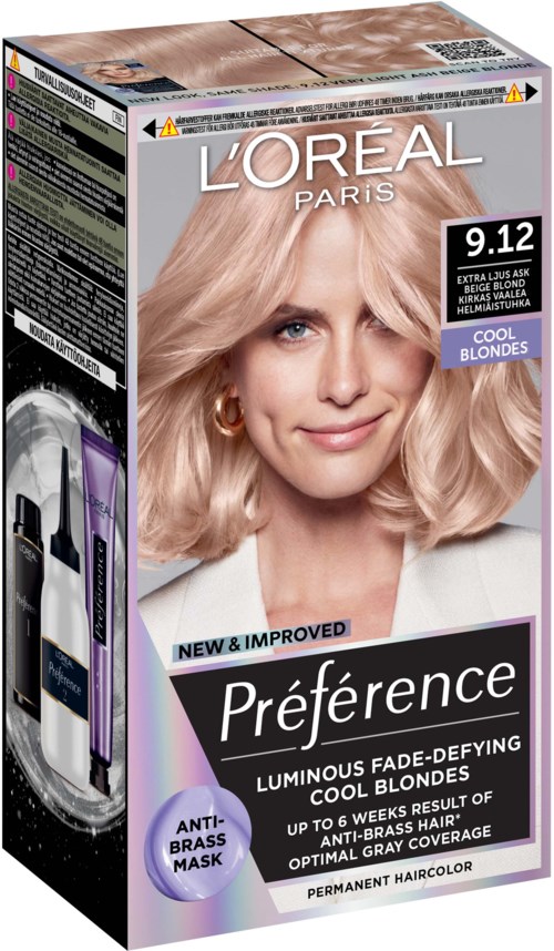 En låda med L'Oréal Préférence hårfärg för kalla blondiner, med en kvinna med blont hår som blinkar, produktdetaljer och lila höjdpunkter.