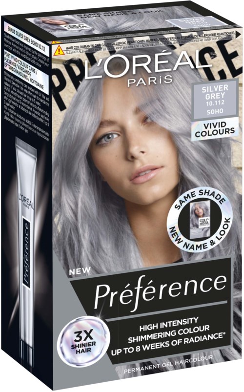 L'Oréal hårfärgningsförpackning visar en kvinna med silvergrått hår, med betoning på hög intensitet, skimrande färg, håller i upp till 8 veckor.