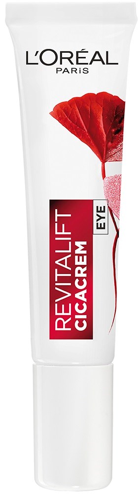 En hvit tube med L'Oréal Paris øyekrem med et rødt dekorativt blad.