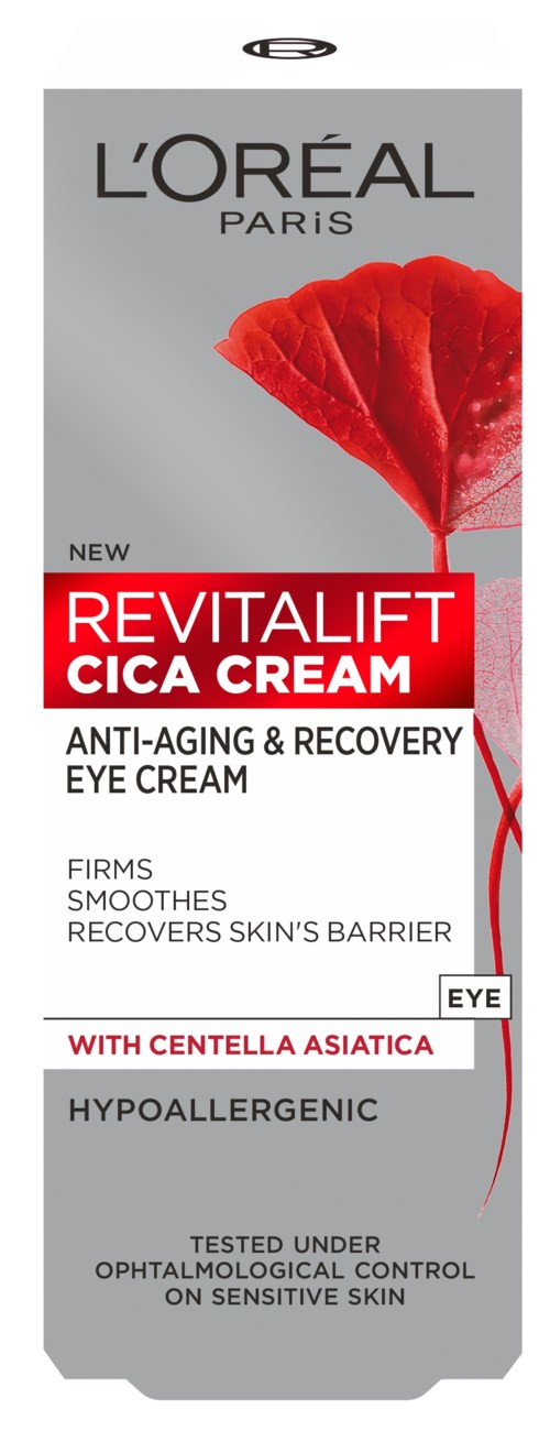 L'Oréal Revitalift Cica Krem for øyne, med et rødt blad, lover anti-aldring og hudgjenopprettende fordeler, egnet for sensitiv hud.