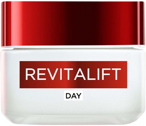 En vit hudvårdsburk med rödsmycke och en etikett som säger REVITALIFT DAY.