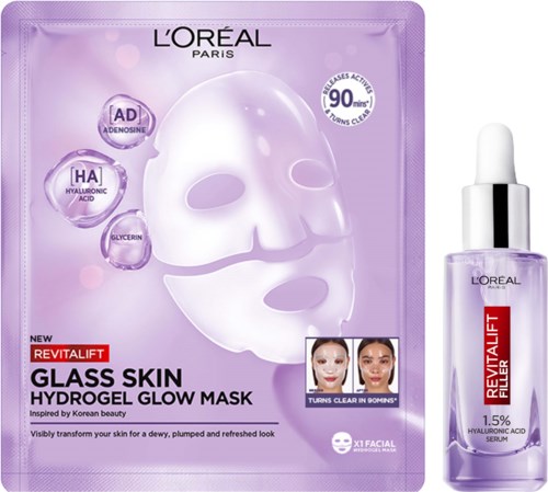 L'Oréal glass skin mask and serum for clear, glowing skin with hyaluronic acid and adenosine.
