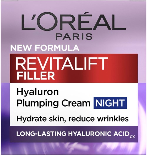 L'Oréal Paris box for night face cream with hyaluronic acid, promoting hydration and wrinkles reduction.