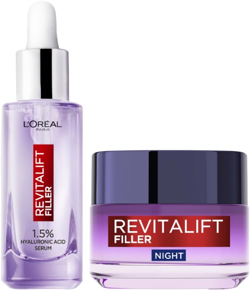 Two skincare products, one in a dropper bottle and one in a jar, both labeled Revitalift Filler from L'Oréal.