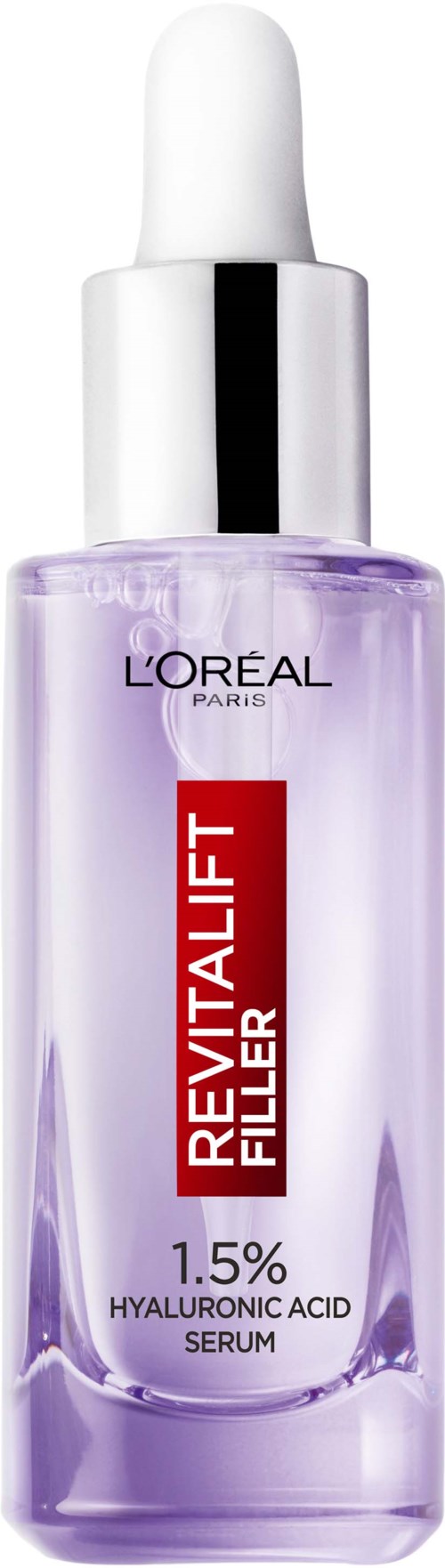 A bottle of L'Oreal Revitalift Filler with a dropper and purple liquid inside.