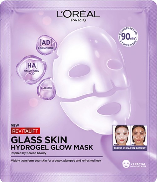L'Oréal Paris gezichtsmasker verpakking, paarse kleur, informatie over ingrediënten en voor-en-na foto's.