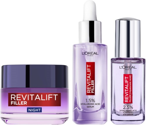 Kolme ihonhoitotuotetta Lorealilta, mukaan lukien yövoide ja seerumit hyaluronihapolla. Violetti ja hopea pakkaukset.