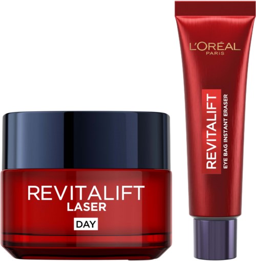 L'Oréal Revitalift hudvårdsset med en burk och en tub, mest röd med lite svart och lila.