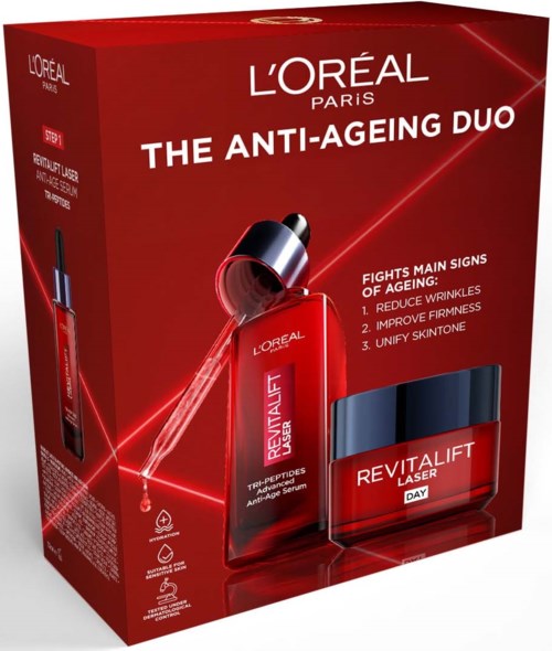Red box with anti-aging skincare products, including serum and cream, from L'Oreal Paris, emphasizing anti-wrinkle benefits.