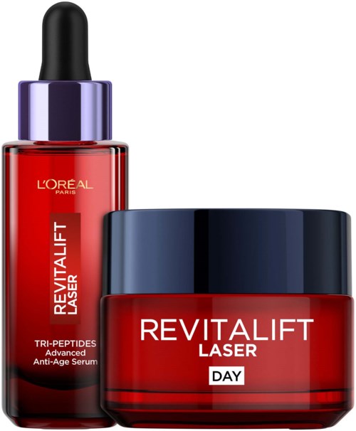 Two red skincare products from L'Oréal, one in a dropper bottle and one in a jar, both labeled Revitalift Laser.