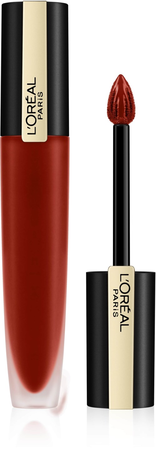 Lip gloss tube with a black and gold cap, red liquid inside, and a wand applicator.