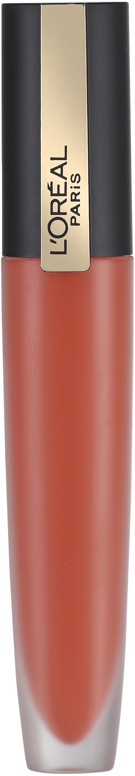 A tube of L'Oréal Paris lip gloss in a clear container with a black and gold cap.