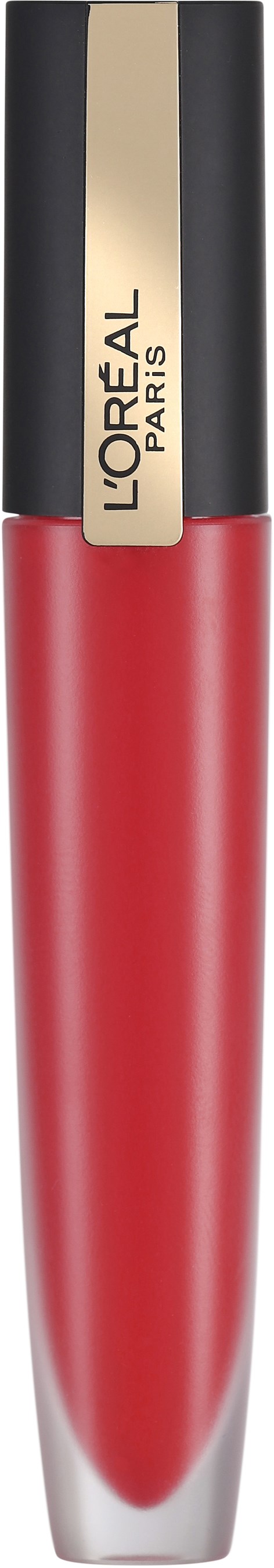En röd läppglansrör med svart och guldlock och L'Oreal Paris-logotyp.