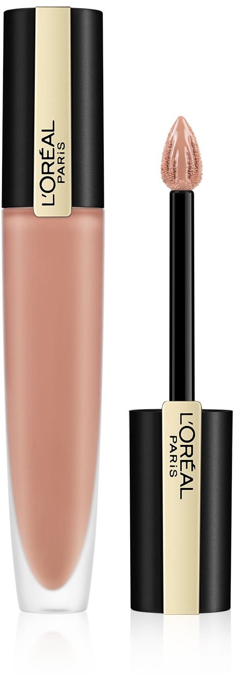 En nudefärgad läppglansflaska med svart och guldlock, öppen med applikatorn bredvid.