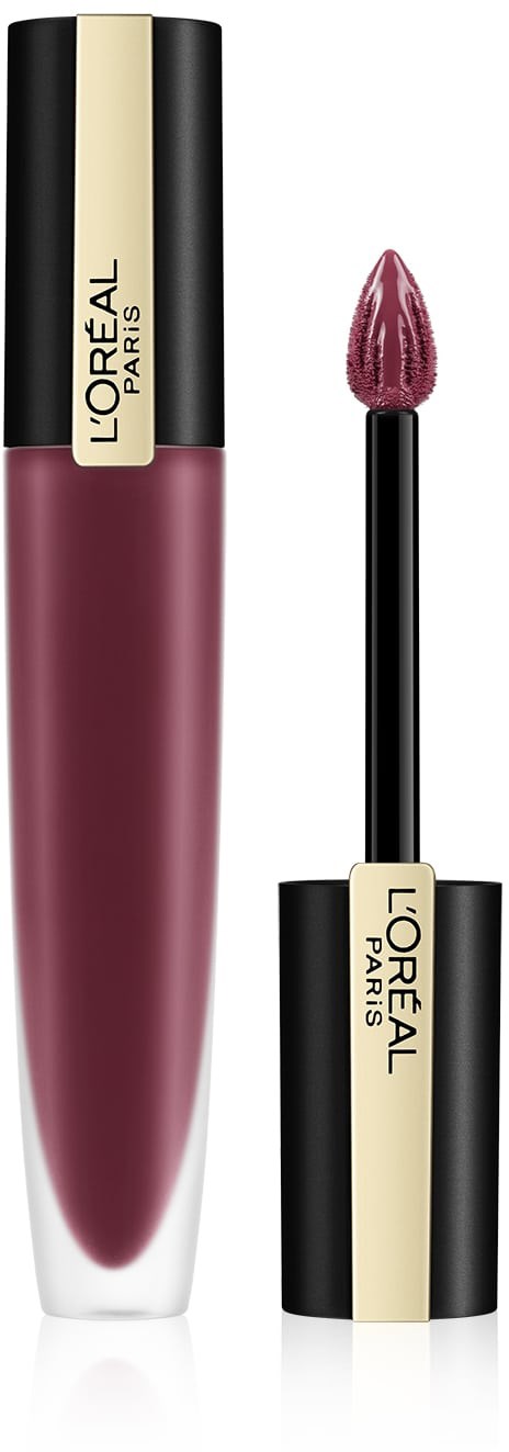 En tub med matt flytande läppstift med appliceringsborste. Förpackningen är svart och cremefärgad, märkt L'Oréal Paris.