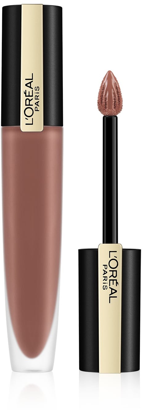 Lip gloss in a tube with a black and gold cap and a small applicator wand.