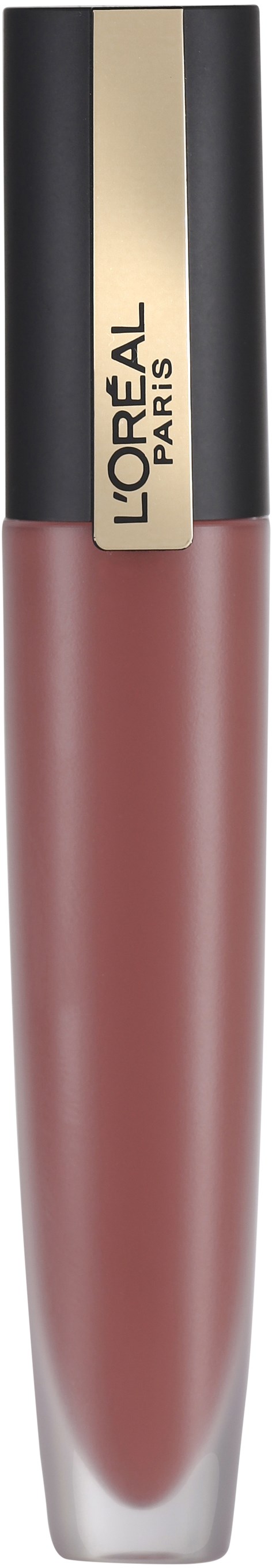 A lipstick tube with black, gold, and transparent parts, containing pinkish lipstick. The brand L'Oreal Paris is on it.