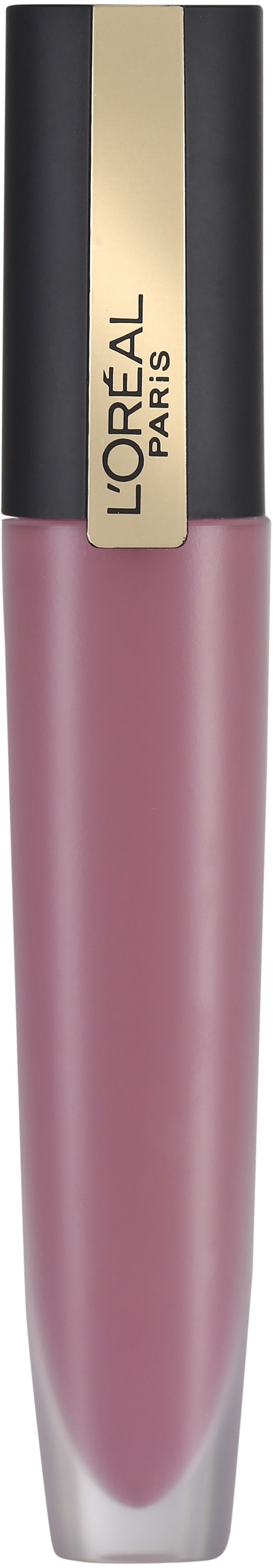 Ett rosa läppglans i en lång, tydlig behållare med svart och guldlock, märkt L'Oreal Paris.