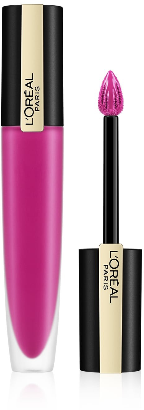 Läppglansrör med en rosa glansig applikator, L'Oréal Paris-märke, och ett guld- och svart lock.