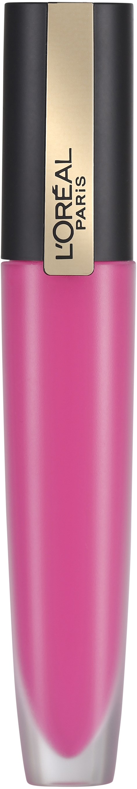 Ett rosa flytande läppstift i en genomskinlig tub med svart och guldlock, märkt L'Oreal Paris.