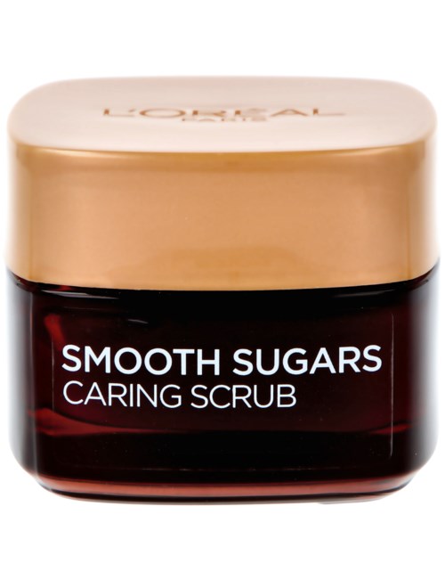 A jar of L'Oréal Smooth Sugars Caring Scrub with a gold lid and dark red label.