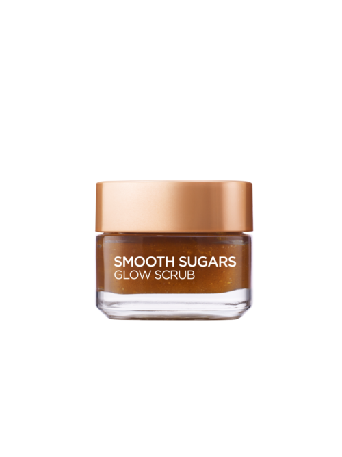 A small jar labeled 'Smooth Sugars Glow Scrub' with a gold-colored lid, against a black background.