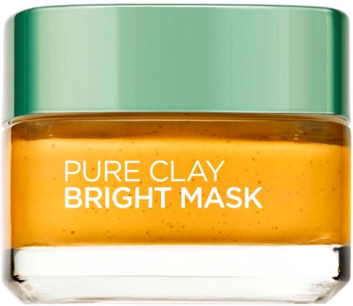 A jar of bright yellow-orange mask with a green lid, labeled "Pure Clay Bright Mask."