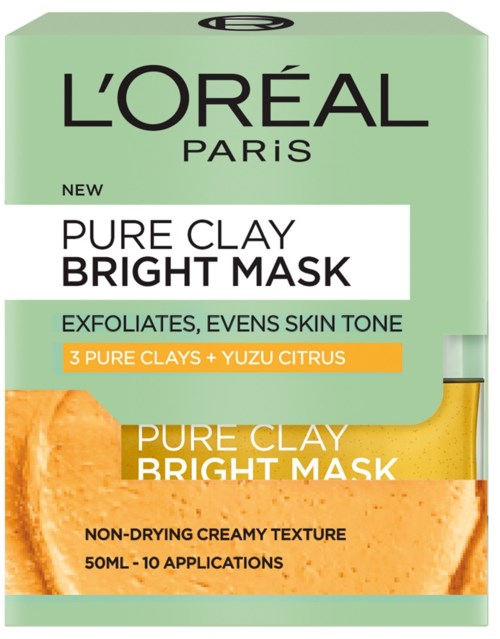 Green box of L'Oreal Pure Clay Bright Mask with orange and white details, mentioning exfoliation and skin tone.