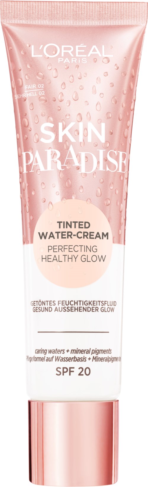 Rosa Tube von L'Oreal Skin Paradise getönte Wasser-Creme mit SPF 20, Wassertropfen-Design, deutet auf Hydratation und Glanz hin.