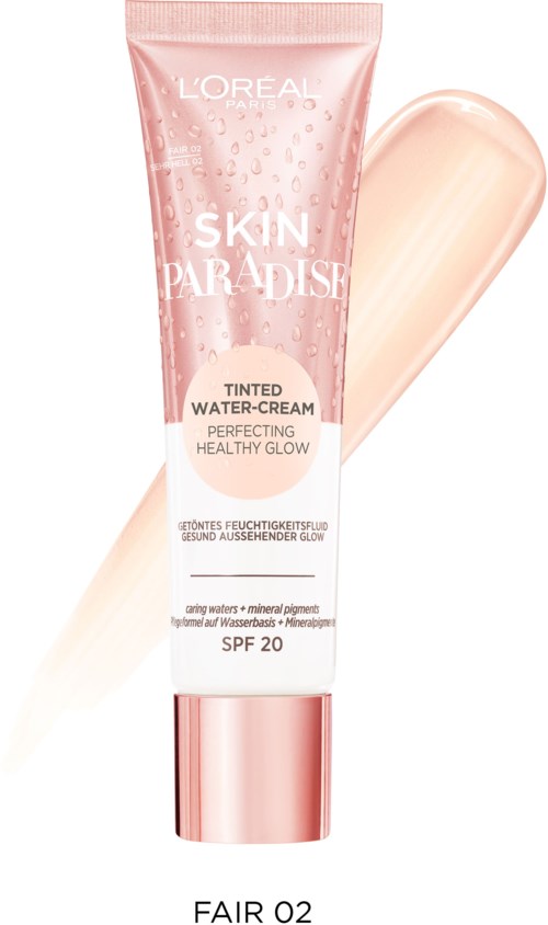 L'Oreal Skin Paradise getönte Wassercreme mit SPF 20 in rosa Tube und Probe.