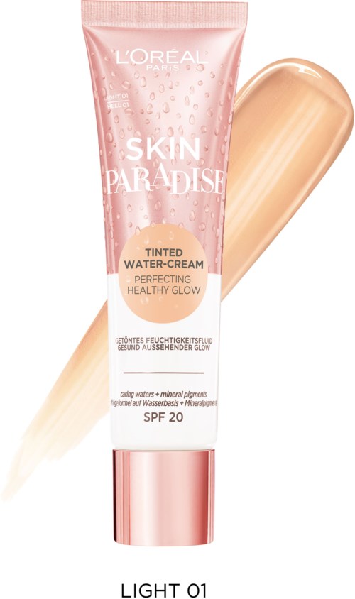 L'Oreal Skin Paradise getönte Wassercreme mit SPF 20, in rosa und beiger Tube, zeigt Produktname und Eigenschaften.
