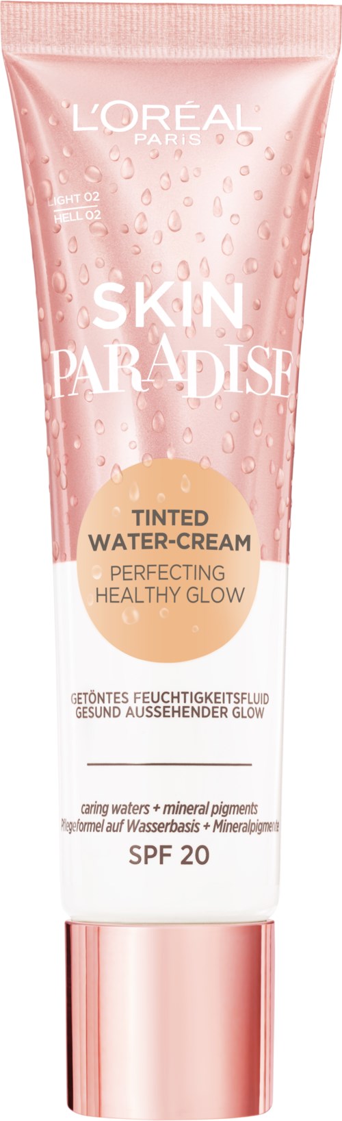 L'Oréal Skin Paradise färgad vattenkräm för en hälsosam lyster, SPF 20, rosa tub med vattendroppar design.