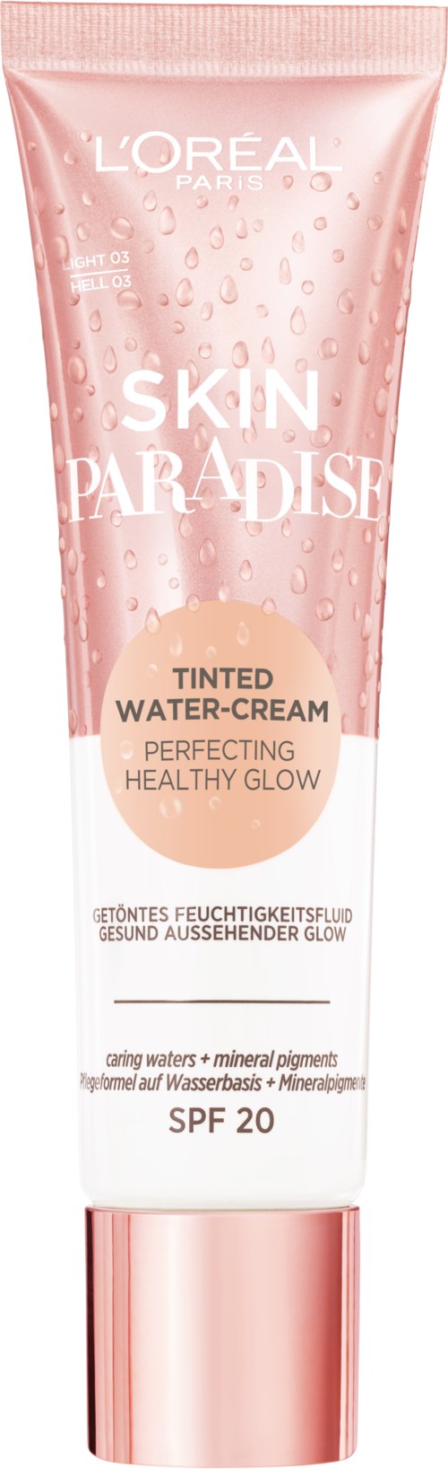 Rothalsige Tube mit 'Skin Paradise' getönte Wasser-Creme mit SPF 20, für gesunde Ausstrahlung. Erwähnt pflegende Wasser und Mineralpigmente.