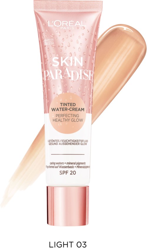 Eine Tube L'Oreal Skin Paradise getönte Wassercreme mit SPF 20 in Hell 03, zeigt einen beigen Farbton.