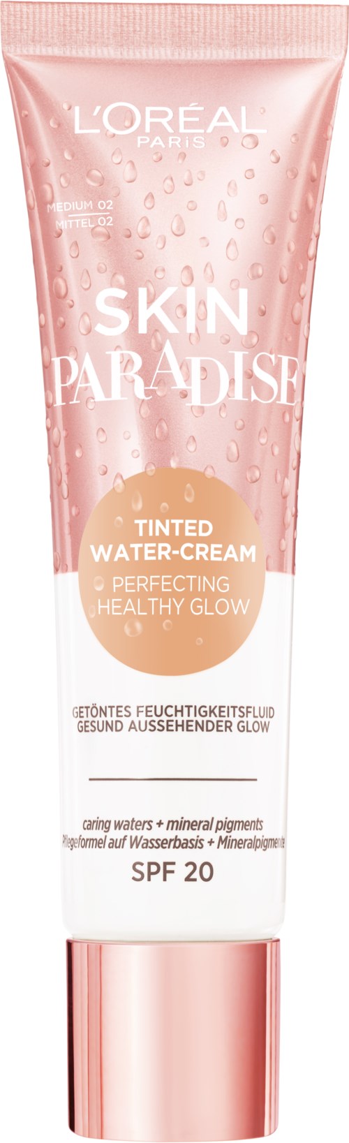 Pudrande rosa tub med L'Oréal Skin Paradise färgad vattenkräm med SPF 20, vatten droppar design, främjar hälsosam lyster.