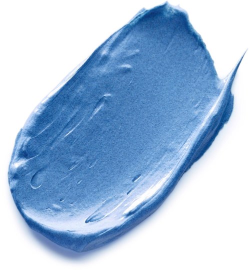 En blå målarfärg med glänsande finish och texturerad yta på en vit bakgrund.