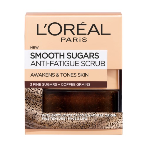En låda med L'Oréal Paris Smooth Sugars anti-trötthetsskrubb med kaffebönor och exfolianter för ansikte och läppar.