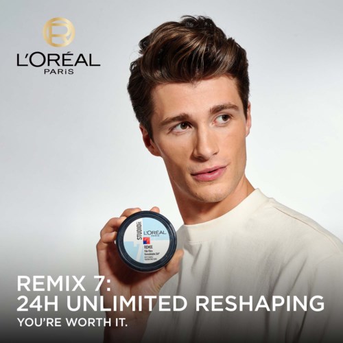 A man holds hair styling product; L'Oréal logo and text about a 24-hour reshaping product are displayed.