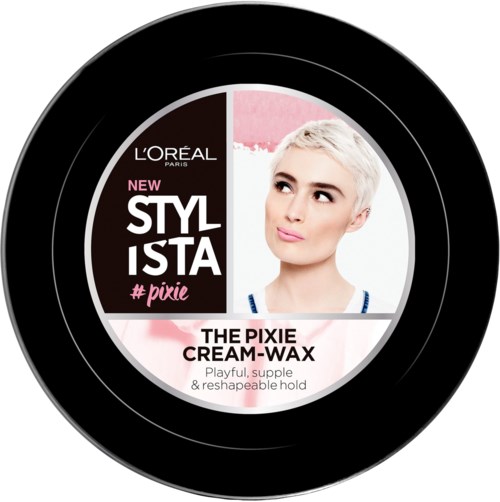Runde Make-up-Verpackung von L'Oréal mit einer Frau mit kurzen, platinblonden Haaren. Das Etikett bewirbt neues Pixie-Styling-Wachs.