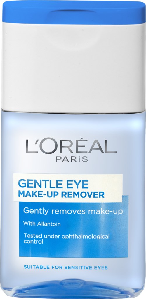 L'Oreal Paris blid øjenmakeupfjerner i flaske med blå låg, til følsomme øjne.