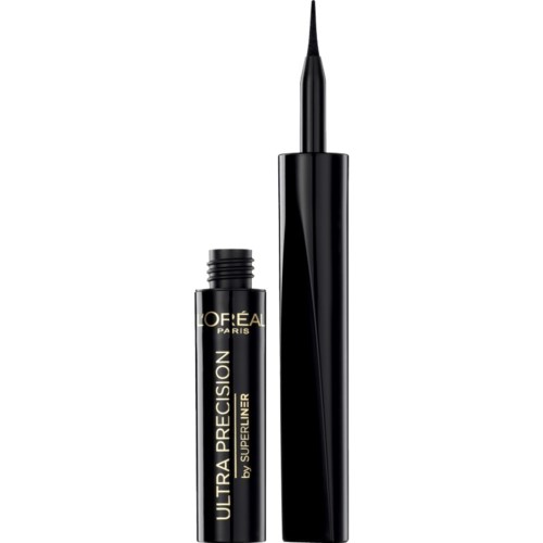 Mustan nestemäisen rajaustussin kynä, jossa on ohut sivellin, merkinnällä "L'Oreal Paris Ultra Precision."