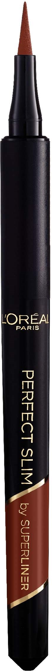 Musta kynärusetta, jossa on ruskea kärki, merkinnältä 'L'Oréal Paris' ja 'Perfect Slim' meikkiin.