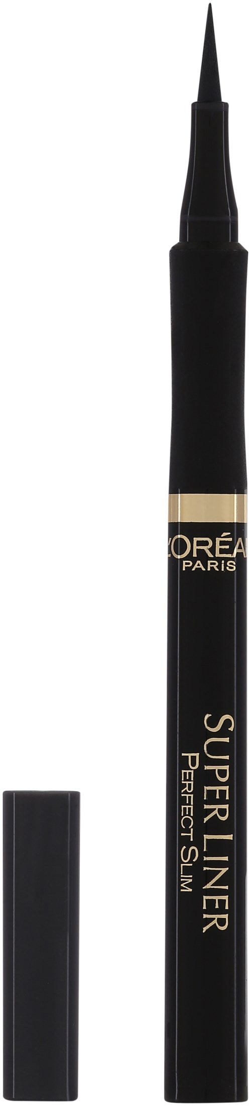 Czarna tuszka do oczu z cienkim, spiczastym końcem i złotą etykietą z napisem 'L'Oréal Paris Super Liner Perfect Slim.'